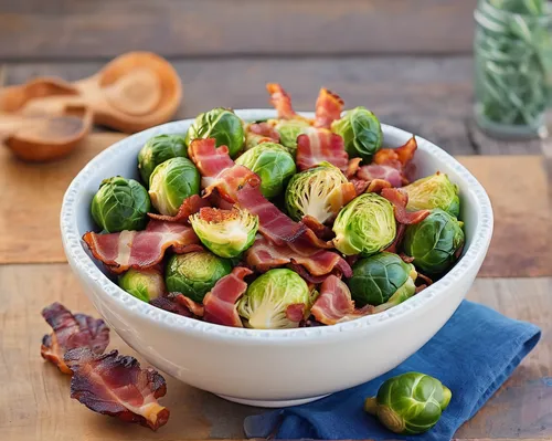 Bacon with Brussels sprouts in a bowl,brussels sprouts,sprout salad,bacon and cabbage,pancetta,fattoush,ham salad,cobb salad,brussels sprout,mixed salad,cut salad,sprouts,farmer's salad,bacon,vegetabl