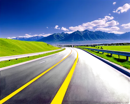 Highway scene, daytime, sunny weather, asphalt road, yellow lines, speeding cars, trucks, vans, motorbikes, guardrails, concrete median, green grassy verge, distant mountains, clear blue sky, panorami