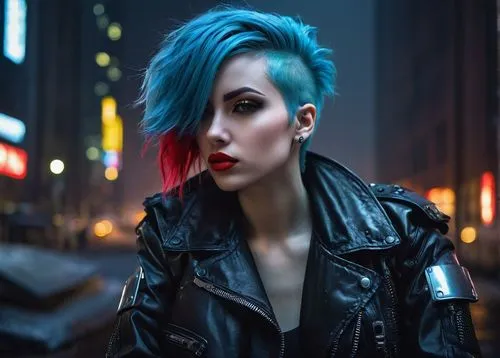 blue hair,cyberpunk,punk,streampunk,mohawk,grunge,punk design,pompadour,goth woman,electric blue,renegade,harley,transistor,femme fatale,blu,birds of prey-night,aqua,blue hour,denim jacket,midnight blue,Illustration,Retro,Retro 22