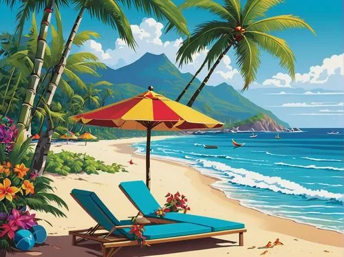 beach landscape,tropical beach,beach scenery,dream beach,hawaii,umbrella beach,paradise beach,mountain beach,caribbean beach,beautiful beach,tropical sea,honolulu,beautiful beaches,tropical island,landscape background,beachfront,hawai,coconut trees,tropics,paradis,Illustration,American Style,American Style 05