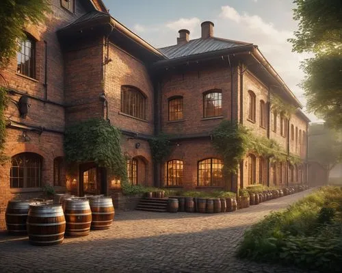 industrial brewery building, brick exterior walls, large glass windows, iron roof trusses, vintage wooden barrels, copper brew kettles, steam pipes, rustic stone foundation, lush greenery surrounding,