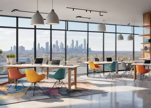 Modern interior design college, Minnesota, USA, glass facade, steel structure, wooden accents, minimalist decor, Scandinavian-inspired furniture, ergonomic chairs, sleek desks, floor-to-ceiling window