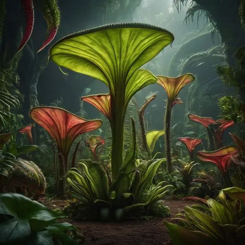 carnivorous plant,titan arum,mushroom landscape,pitcher plant,jack-in-the-pulpit,venus flytrap,nepenthes,exotic plants,hypericaceae,forest plant,urticaceae,alien world,banana trees,aquatic plants,rain forest,alien planet,forest floor,bromeliaceae,forest mushroom,botany,Photography,General,Fantasy