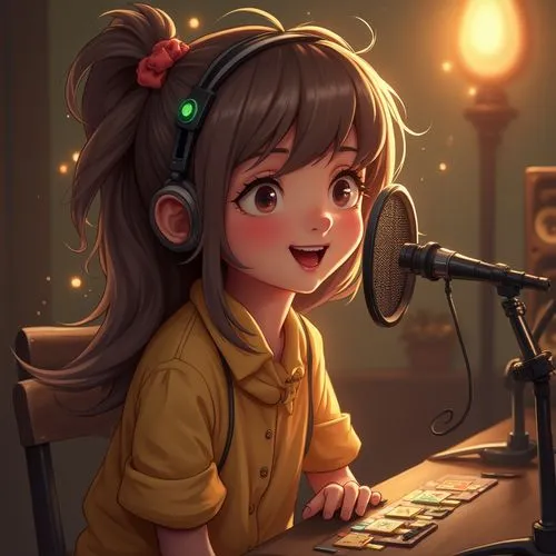 create a music recording studio environment,a cartoon character with headphones sitting at a desk in front of a microphone,cute girl playing piano,singing,iris on piano,mabel,kazzia,pianist