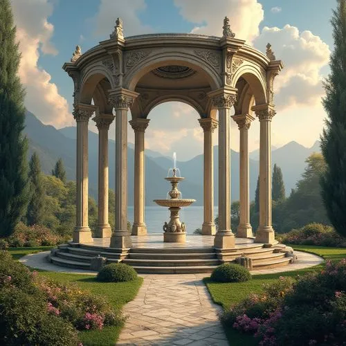 pillars,cochere,stone fountain,pergola,arcadia,fountain,archly,jardiniere,rivendell,neoclassical,rosarium,columns,gazebo,pedestal,fountain of the moor,old fountain,water palace,marble palace,decorative fountains,garden of the fountain,Photography,General,Realistic