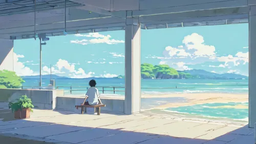 aqua studio,seaside view,backgrounds,studio ghibli,scenery,dream beach,idyllic,summer day,ocean view,seaside,atmosphere,honolulu,sky apartment,beach scenery,the scenery,house silhouette,beach house,tranquil,classroom,seaside country,Illustration,Japanese style,Japanese Style 06