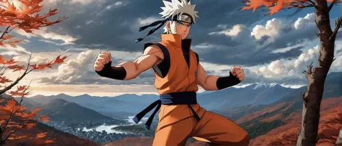 Naruto, white hair, spiky hairstyle, orange jumpsuit, ninja headband, bright blue eyes, determined facial expression, strong muscular arms, clenched fists, Konoha village, Hokage mountain, trees with 