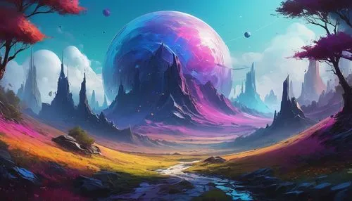 fantasy landscape,mushroom landscape,futuristic landscape,alien world,3d fantasy,purple landscape,fairy world,alien planet,fantasy picture,world digital painting,vast,fairy forest,mushroom island,fantasia,fantasy world,landscape background,fantasy art,valley of the moon,geode,lunar landscape,Conceptual Art,Oil color,Oil Color 06