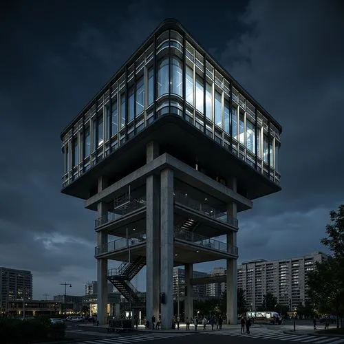 Futuristic watchtower, sleek metallic latticework, bold geometric shapes, cantilevered staircases, minimalist railings, industrial-style lighting fixtures, reinforced concrete foundations, angular roo