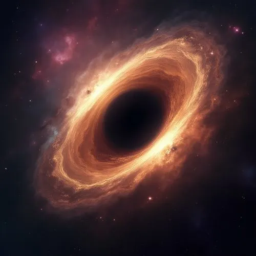 “It depicts a majestic black hole as the main subject, in the center of the image. The black hole would have a bright accretion disk that writhes around it, emitting light in intense shades of orange,