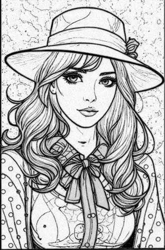 comic halftone woman,straw hat,the hat-female,coreldraw,coloring page,fashion vector,Design Sketch,Design Sketch,Black and white Comic