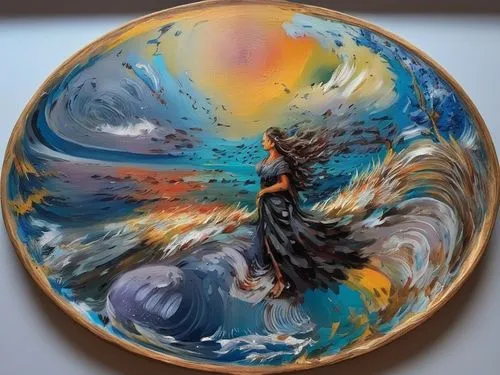 glass painting,decorative plate,wooden plate,hand-painted,round autumn frame,glass sphere,round frame,pour,in the resin,colorful glass,rock painting,circle paint,tibetan bowl,hand painted,water lily p