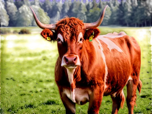 Brown cow, standing, green meadow, grazing, detailed fur texture, gentle eyes, wet nose, horns, fluffy ears, sunlight casting shadow, panoramic view, soft focus, shallow depth of field, warm color ton