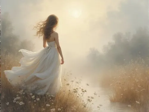 mystical portrait of a girl,heatherley,faery,faerie,fantasy picture,behenna,sun bride,enchantment,deviantart,melian,forwardly,light bearer,girl in a long dress,girl walking away,sylphs,meadows of dew,spring morning,world digital painting,guiding light,walking in a spring,Photography,General,Realistic