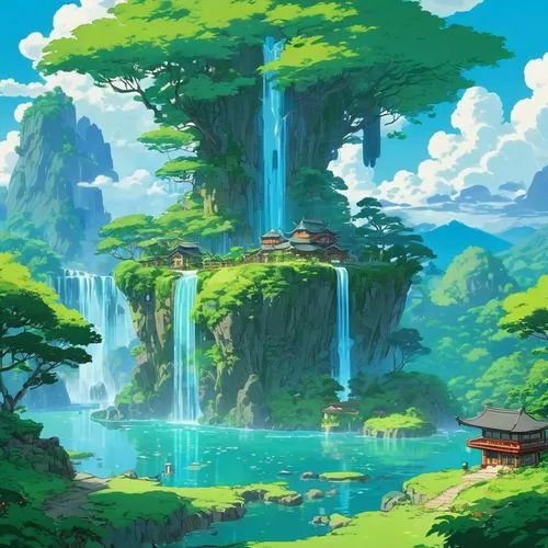 kanto,cartoon video game background,ash falls,maplestory,teikoku,landscape background,alfheim,kaitos,waterfall,water falls,yazaki,ghibli,mushroom island,waterfalls,mushroom landscape,hoenn,meteora,bird kingdom,ponyo,lagoon,Illustration,Japanese style,Japanese Style 06