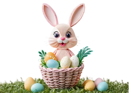 Easter bunny, happy, cute, colorful eggs, flower crown, whiskers, pink nose, fluffy ears, soft fur, holding basket, filled with eggs, standing on hind legs, sunny meadow, warm lighting, shallow depth 