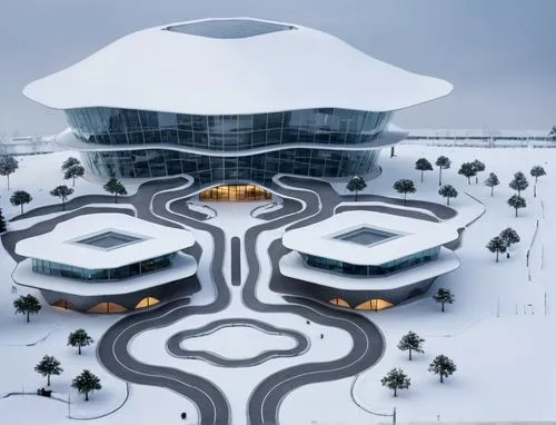 an futuristic building with snow on top of it,futuristic art museum,futuristic architecture,yas marina circuit,snow ring,snow roof,tempodrom,Photography,General,Realistic