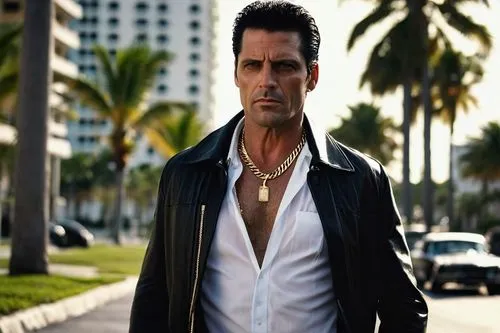 Tommy Vercetti, Scarface, mature man, 40yo, black hair, stubble, intense eyes, sharp jawline, leather jacket, white shirt, black pants, gold chains, cigar, Miami streets, art deco buildings, palm tree