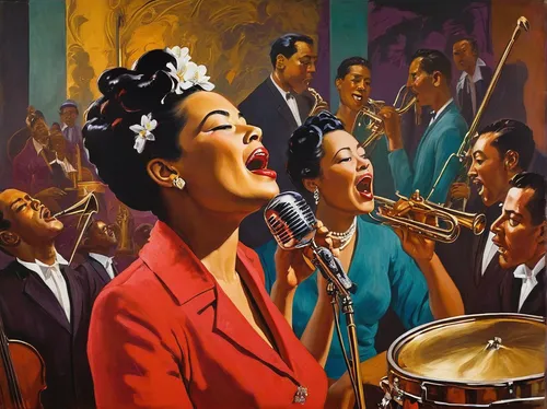 billie holiday,big band,jazz singer,jazz club,blues and jazz singer,sarah vaughan,ella fitzgerald,musicians,jazz,ester williams-hollywood,jazz it up,ella fitzgerald - female,fifties records,art tatum,singers,musical ensemble,brass band,sfa jazz,rhythm blues,vintage illustration,Art,Classical Oil Painting,Classical Oil Painting 36