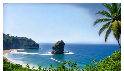 Bali Island, tropical scenery, Uluwatu cliff, Indian Ocean waves, sunset, golden light, palm trees, beachside, volcanic rock formations, lush green vegetation, traditional Balinese architecture, intri