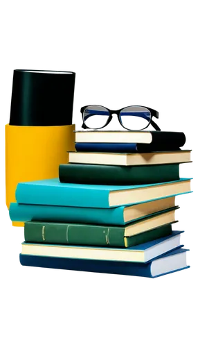 Stacked books, colorful book covers, worn-out pages, leather-bound classics, modern paperbacks, bookmarks with ribbons, reading glasses on top, warm desk lamp lighting, shallow depth of field, 3/4 com