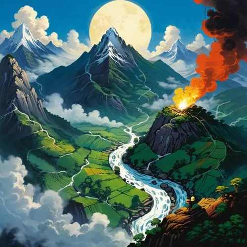 mountain landscape,mountain scene,alpine landscape,mountainous landscape,paisaje,fantasy landscape,mountain world,bernese highlands,mountains,landscape background,volcanic landscape,mountain village,fire mountain,mountain valley,high mountains,alpine village,valley,fire in the mountains,fjord landscape,fjord,Illustration,Japanese style,Japanese Style 11