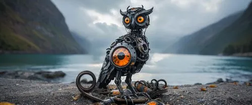 пусто,a mechanical cat with glowing eyes is sitting in front of a mountain lake,patapon,makuta,aum,metal figure,sauron,servitor