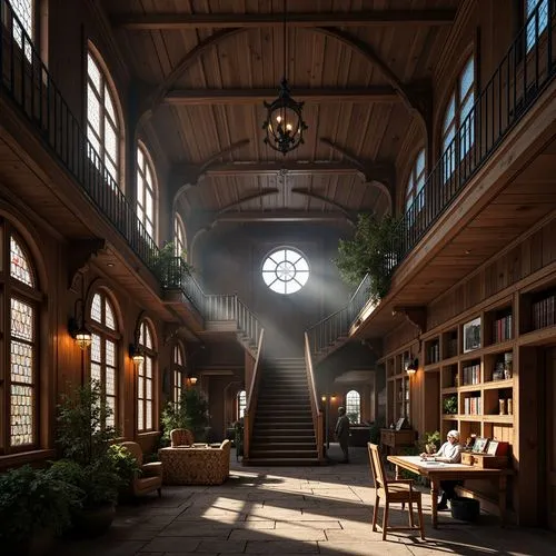 3d rendering,atriums,render,3d render,cryengine,3d rendered,inglenook,dandelion hall,wooden beams,loft,reading room,old library,cochere,hammerbeam,hallway,bibliotheca,entrance hall,library,theed,libraries