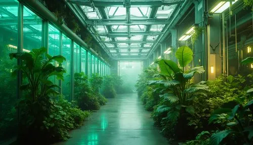 Vibrant futuristic greenhouse, lush tropical plants, iridescent glass surfaces, neon-lit hydroponic systems, sleek metallic frameworks, verdant walls, misty atmosphere, soft natural lighting, shallow 