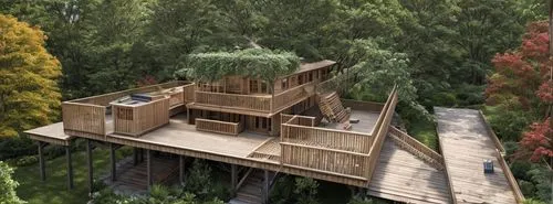 tree house hotel,tree house,treehouse,house in the forest,3d rendering,wood deck,timber house,wooden decking,tree top,decking,lookout tower,tree tops,log cabin,stilt house,eco-construction,treetops,wo