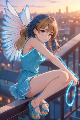 anime character sitting on a balcony ledge near the city,winged heart,angel girl,michiru,angel wing,winged,anjo,sky butterfly,angel wings,glass wings,mikuru asahina,angelnote,wings,minako,nagisa,angel