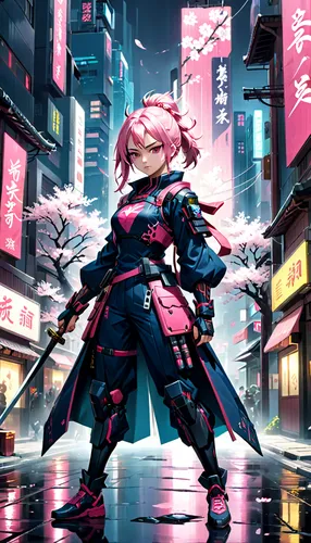 cyberpunk,llenn,samurai,cyber,samurai fighter,coral guardian,shinjuku,mecha,heavy object,pink quill,pink vector,cyberspace,cybernetics,armored,crab violinist,swordswoman,katana,scifi,armored animal,japanese sakura background,Anime,Anime,General