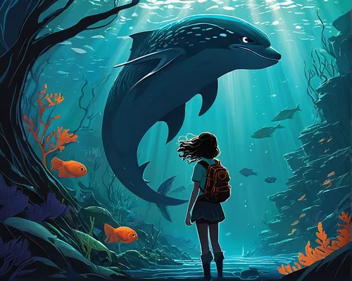 girl with a dolphin,sci fiction illustration,giant fish,little whale,aquarium,underwater background,exploration of the sea,under the sea,forest fish,aquarium inhabitants,digital illustration,nautilus,aquatic life,giant dolphin,coelacanth,cetacea,kids illustration,aquariums,whale,undersea,Illustration,Vector,Vector 09