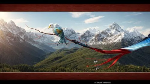 cinematic beautiful  bird sitting scene  background deep mountain  style  concept art ,elves flight,frame illustration,mountain paraglider,gnome skiing,frame border illustration,beautiful frame,frame 