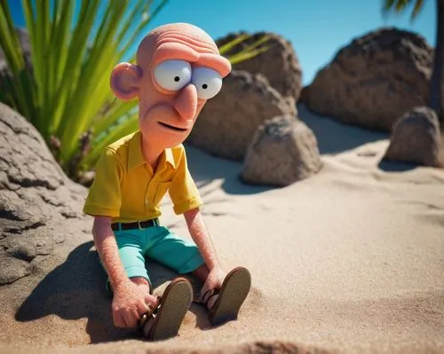 Squidward, shriveled, worm, SpongeBob, Bikini Bottom, sandy beach, bright sunny day, clear blue sky, palm trees, tropical plants, worn-out sandals, faded orange shirt, ripped brown pants, lazy posture