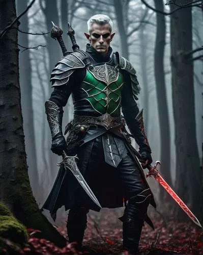 Dark elf man, muscular build, piercing emerald green eyes, sharp facial features, pointed ears, short white hair, intricate silver earrings, black leather armor, red trim, ornate sword at side, standi