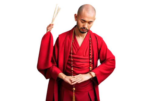 Buddhist monk, Asian male, bald head, beard, red robe, yellow robe, brown robe, golden ornaments, prayer beads, serene facial expression, gentle eyes, closed eyes, meditation pose, lotus position, inc