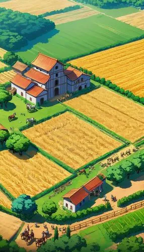 A farm from the Roman Empire, with a wheat plantation and a place full of horses.,yamada's rice fields,agricultural,rice fields,dji agriculture,yazaki,lupini,ricefield,agriculture,agrotourism,rice fie