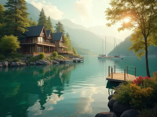 Serene lakefront location, luxurious villa, wooden dock, sailboats, calm turquoise water, lush greenery, tall trees, vibrant flowers, gentle breeze, warm sunlight, panoramic view, 3/4 composition, sof