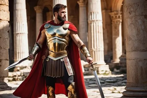 Imperial Roman warrior, strong muscular physique, golden armor, red cape flowing behind, fierce gaze, intense facial expression, short brown hair, thick beard, holding a sword, standing proudly, ancie