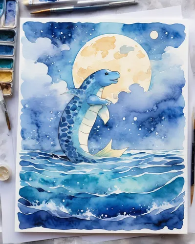 watercolor blue,sea-horse,crescent moon,watercolor,sea night,ocean,painted dragon,watercolors,sea horse,watercolor background,hanging moon,sea landscape,watercolor mermaid,stormy sea,moon in the clouds,starry night,sea,water color,the endless sea,blue sea,Illustration,Paper based,Paper Based 25