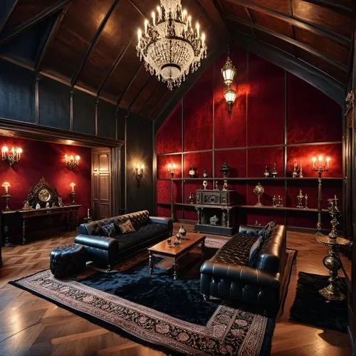 an elegant living room with black leather couches and chairs,victorian room,ornate room,great room,parlor,attic,sitting room,Photography,General,Realistic