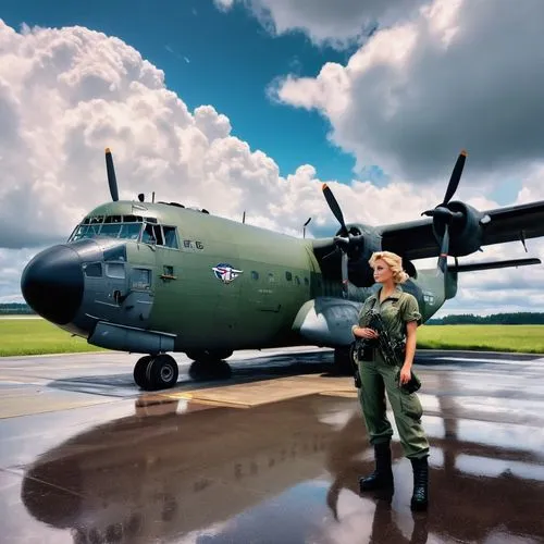 Huge Close-up of a a gorgeous and stunning 32 years old female 1955 Pilot with blonde short 1955 hairdo wearing full USAF summer flight gear and light-green overall, black fingerless leather gloves an