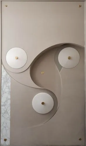 Convert this layout into a real gypsum decor for a room with hidden lighting.,this large piece of art has two circular white circles,plate shelf,wall lamp,marble painting,quatrefoils,coffeetable,ceili