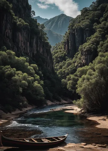 boat landscape,river landscape,world digital painting,canoeing,wooden boat,canoe,landscape background,mountain river,canoes,nature landscape,yunnan,fantasy landscape,mountain landscape,mountainous landscape,canyon,landscape nature,long-tail boat,row boat,abandoned boat,tranquility,Illustration,Retro,Retro 22