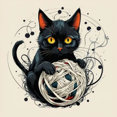 threadless,cat vector,duenas,ball of yarn,pyewacket,cat's cradle,felino,black cat,capricorn kitz,salem,displacer,drawing cat,yarn,familiars,firecat,catmull,whiskered,bewhiskered,bulgakov,gato,Illustration,Black and White,Black and White 07