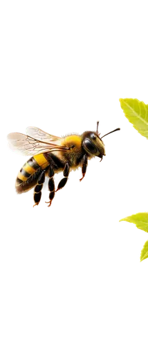 Bee, yellow and black stripes, furry body, transparent wings, busy flying, collecting nectar, green leaves background, shallow depth of field, warm sunlight, 3/4 composition, close-up shot, detailed e