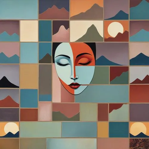 a painting is in the shape of a woman's face,art deco woman,bluemner,cubist,giorgini,picabia,cubism