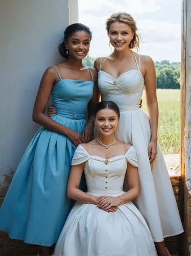 Grace Kelly, Aishwarya Rai and Scarlett Johansson in the Country.,three young women are dressed in vintage clothing,wedding dresses,wedding dress train,countesses,brides,debutantes,wedding photo,Photo