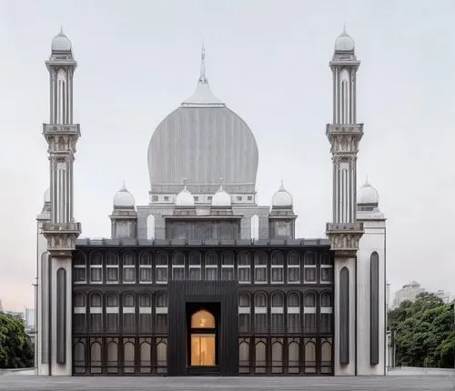 a very tall building with two huge white structures,big mosque,grand mosque,masjid,star mosque,masjid jamek mosque,islamic architectural,Architecture,General,Modern,Zen Minimalism